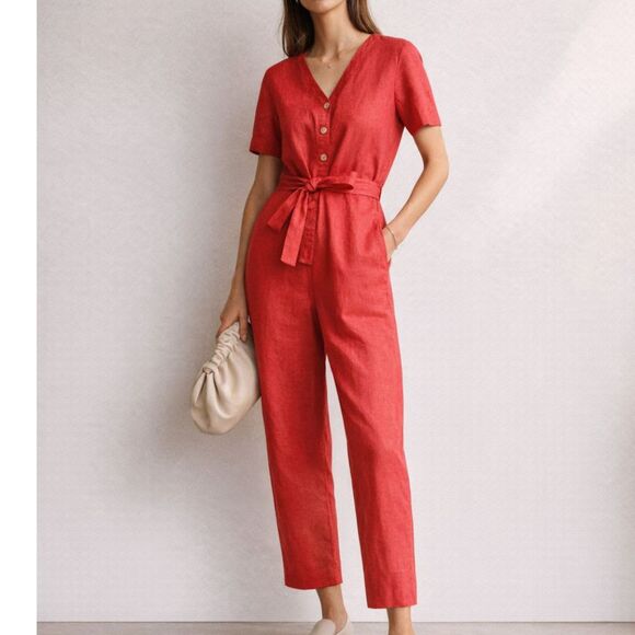 Everlane Pants - Everlane NWT 100% Linen Jumpsuit 16 Red Tomato Cropped Straight Leg Minimalist